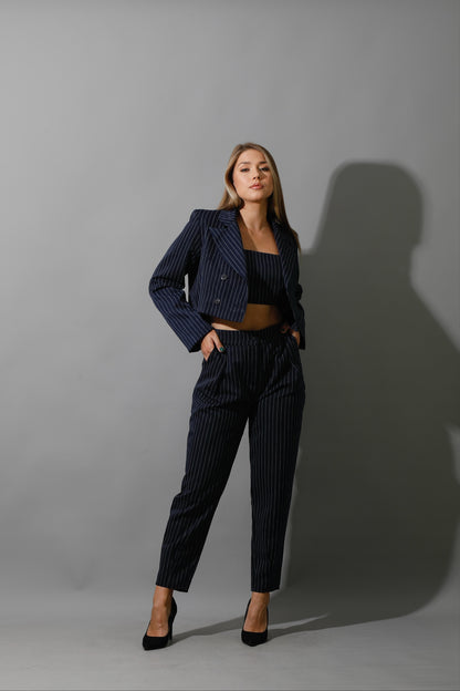 Striped Cropped Blazer, Bra Top & Paper-bag Pants Co-Ord - Navy