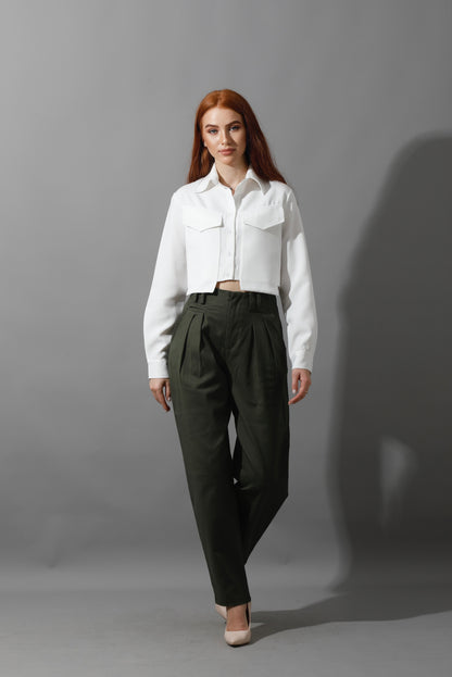 High Rise Paper-Bag Pants - Olive