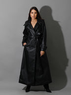 Bella Faux Leather Trench Coat with White Stitch - Black