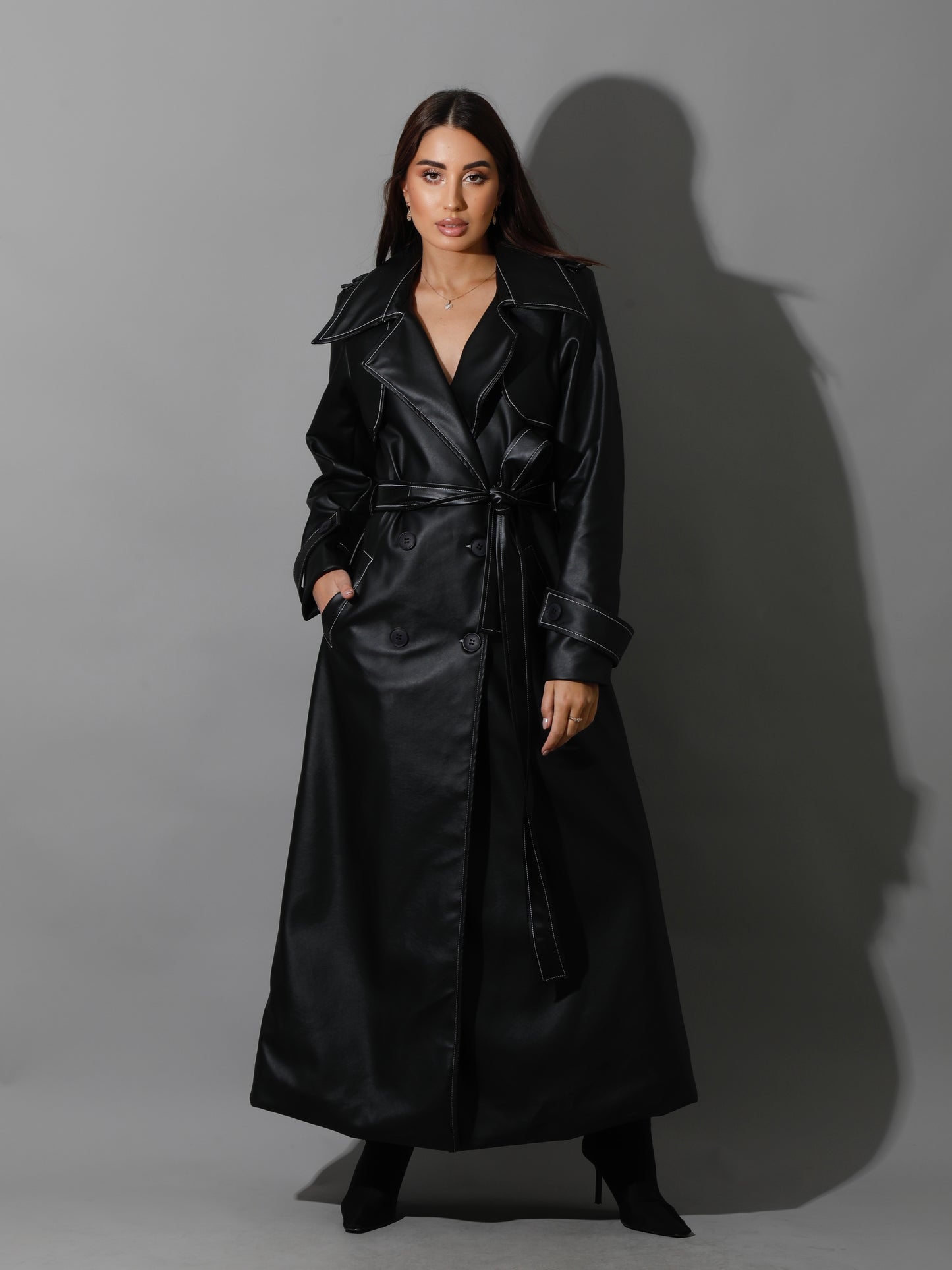 Leather Trench Coat With White Stitch - Black