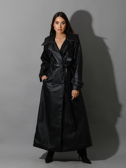 Leather Trench Coat With White Stitch - Black