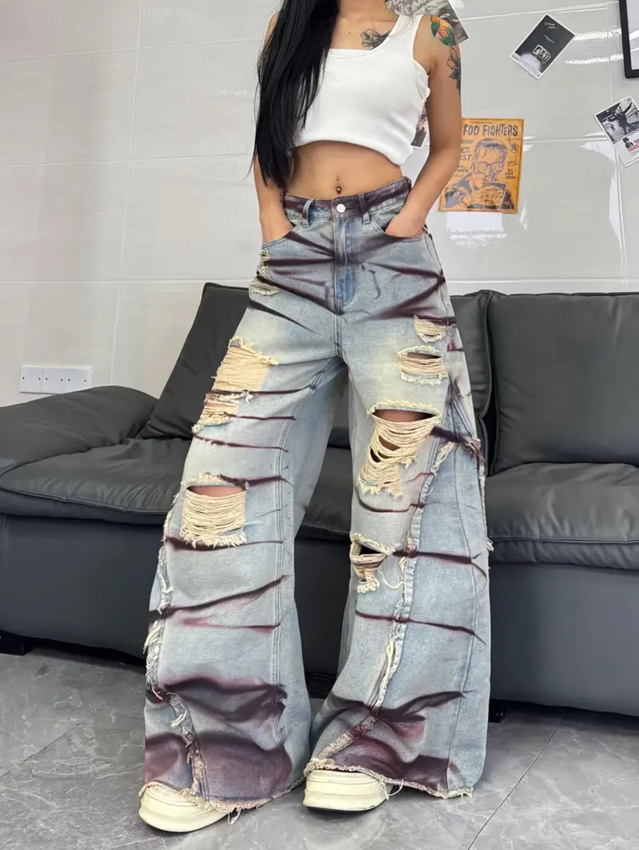 Gaia High-Wasted Distressed Wide Leg Trousers - Multicolored