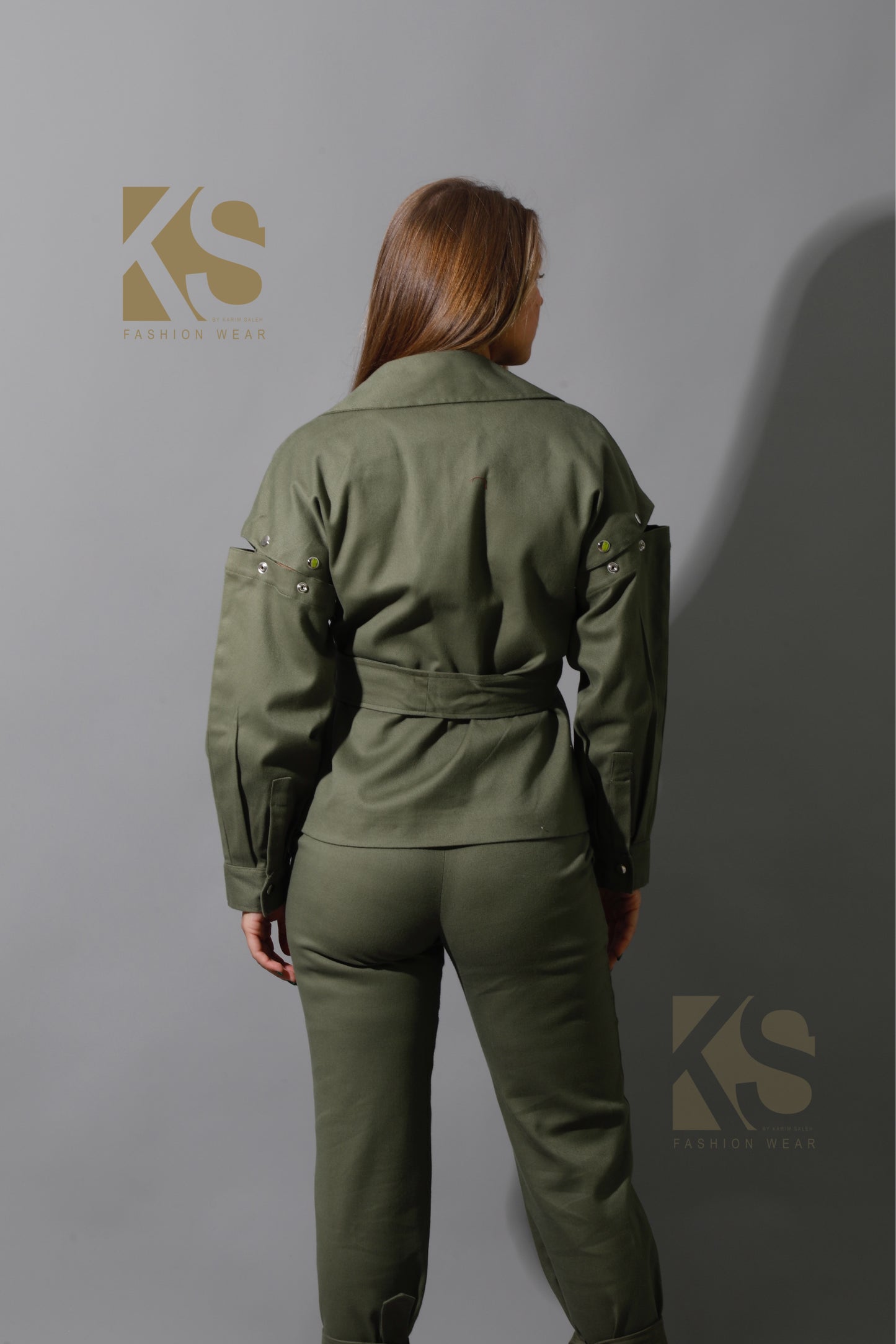 Co-Ord Detached Sleeves Jacket &  Tied BootCut pants - Olive