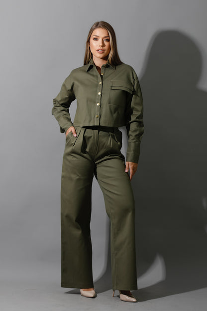 Co-ord Pleated Wide Leg Pants - Olive