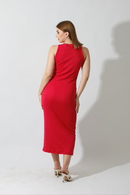 Slinky High Neck Midi Sleeveless Dress - Barbie Pink