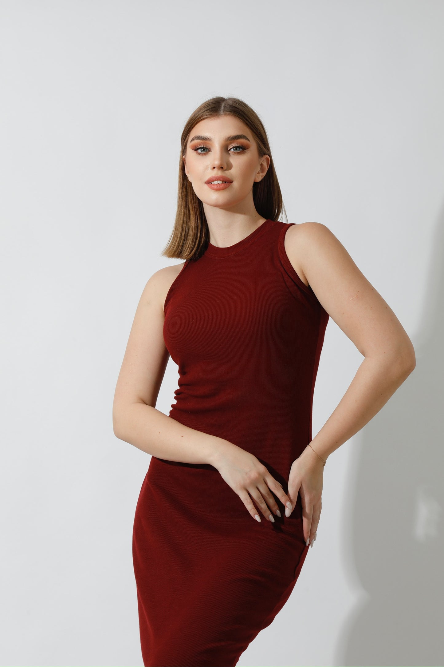 Slinky High Neck Midi Sleeveless Dress - Maroon