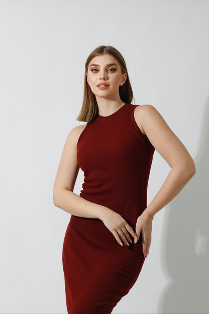 Slinky High Neck Midi Sleeveless Dress - Maroon