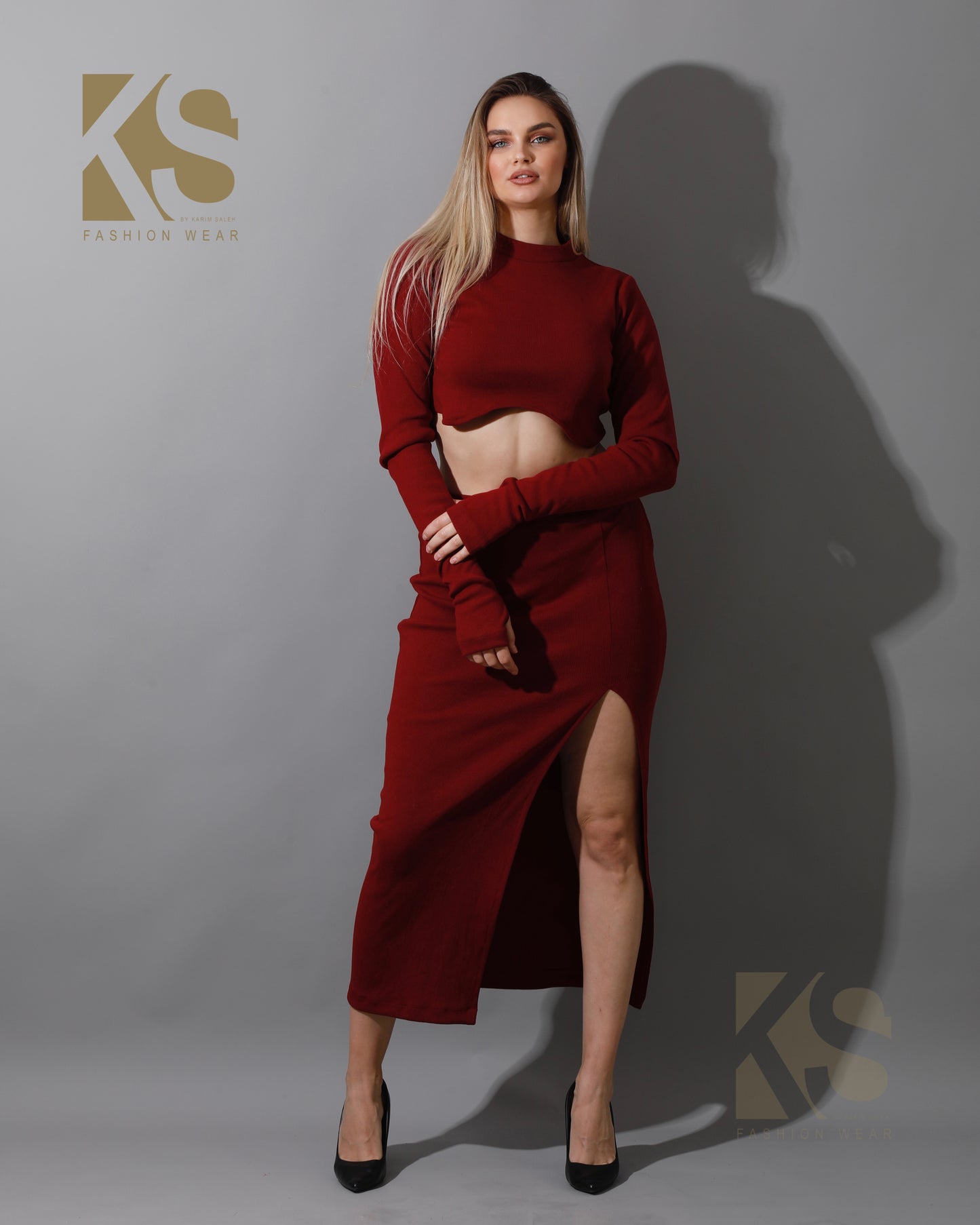 Co-ord Crop Top & Midi Skirt Rib Set - Maroon