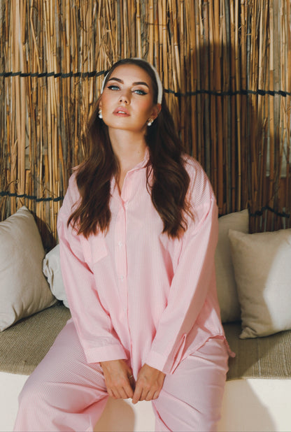 Co-Ord Wide Leg trousers & Lose Shirt Striped - Striped Pink