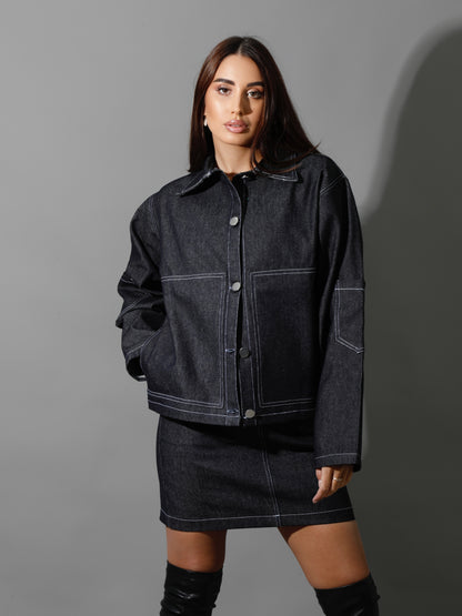 Co-Ord Jeans Sleeves Jacket - Navy Blue
