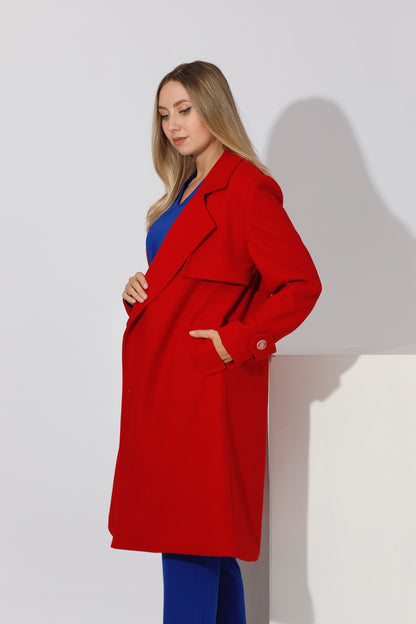 Woolen Wrapped Belted trench Coat - Red