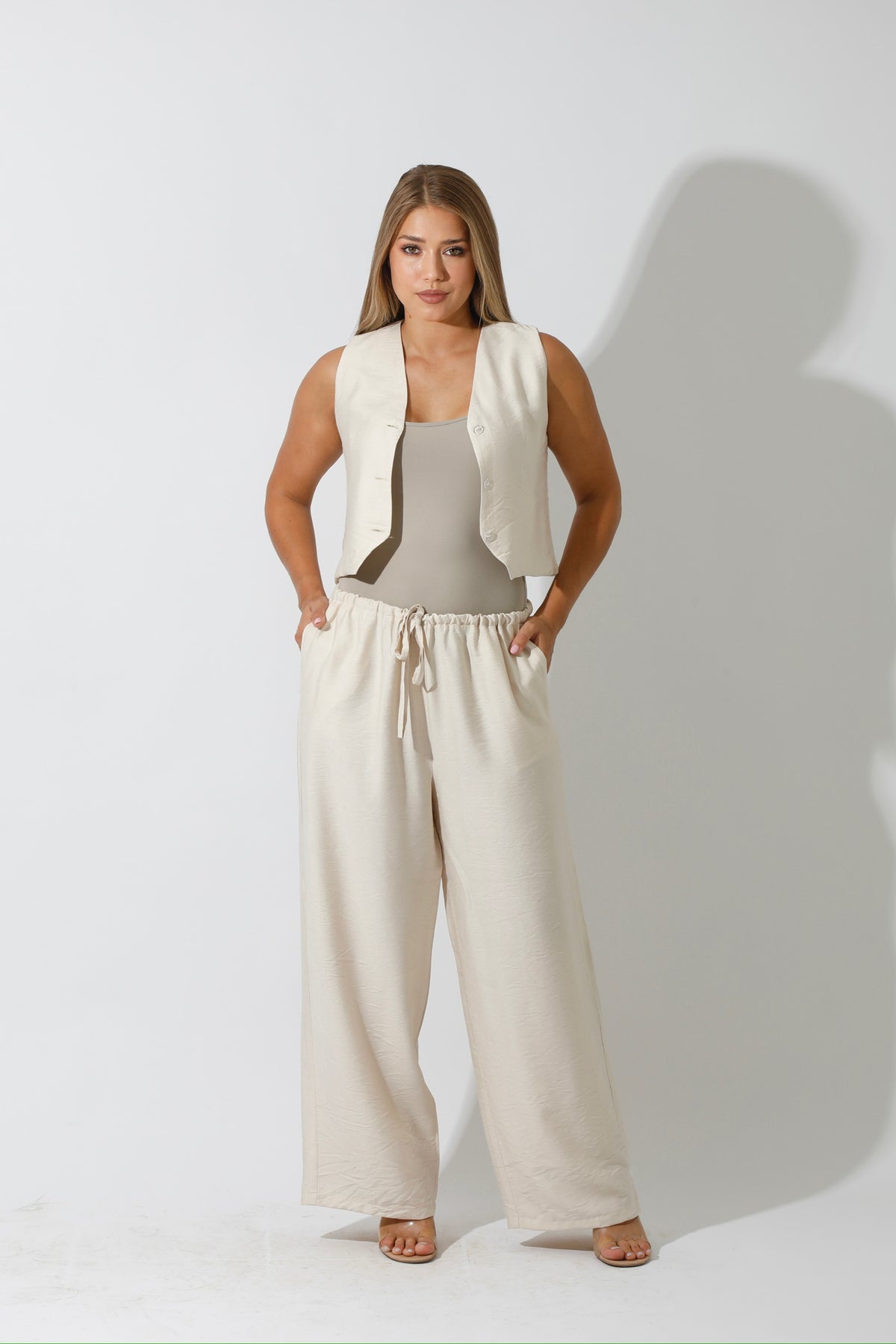 Vest & Lose Tied Pants Set - Beige