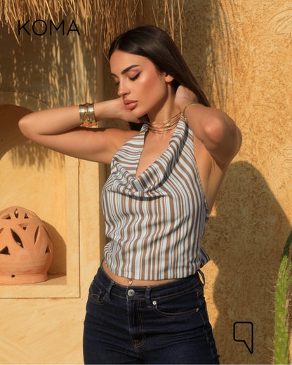 Ember Striped Tied Up Top - Brown
