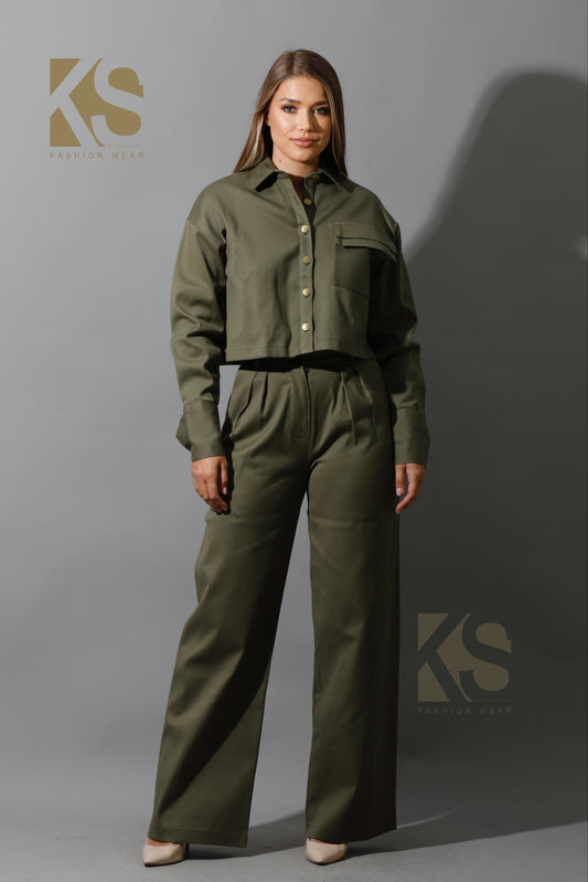 Co-ord Pleated Wide Leg Pants & Cropped Shirt - Olive
