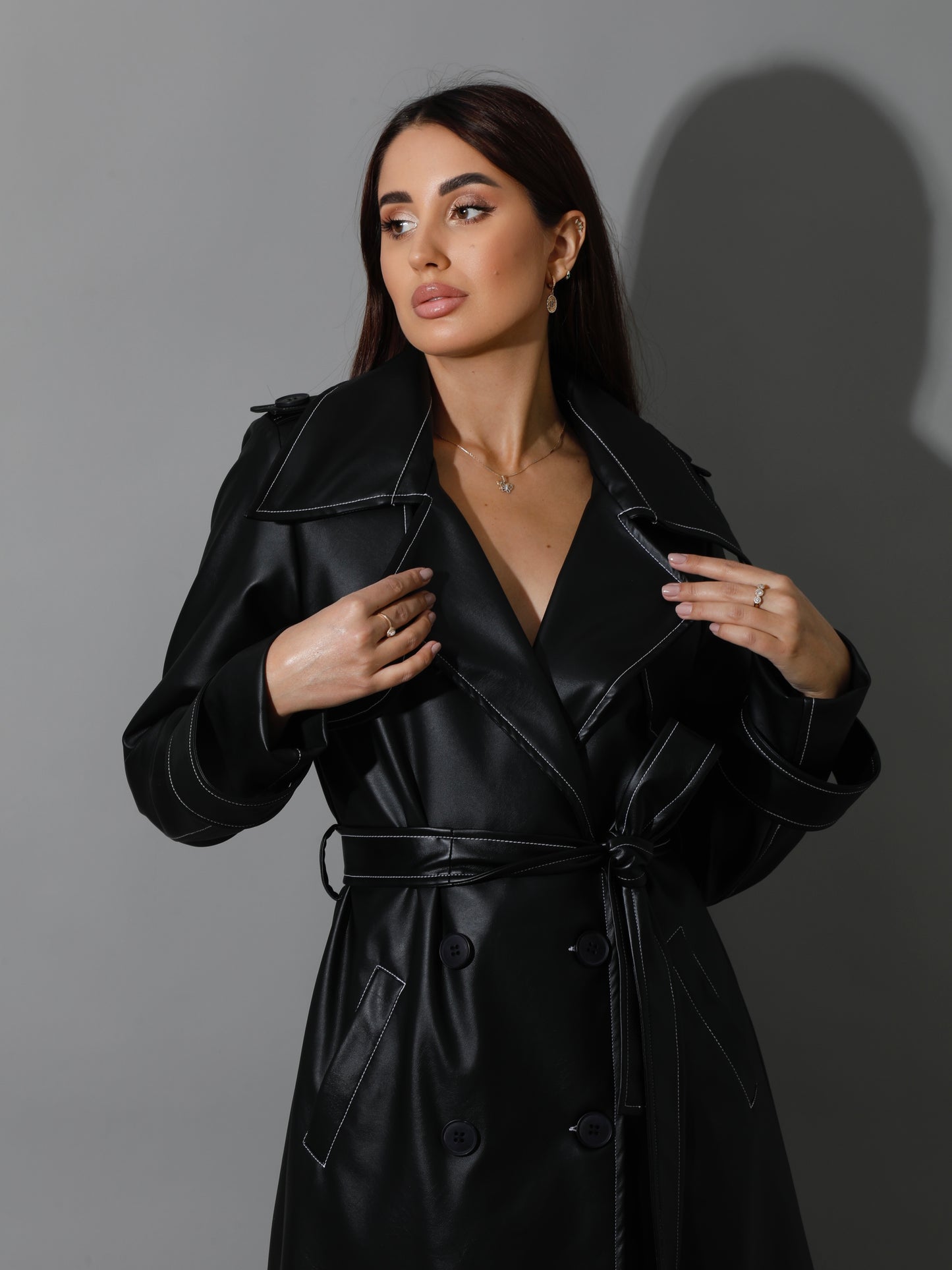 Leather Trench Coat With White Stitch - Black