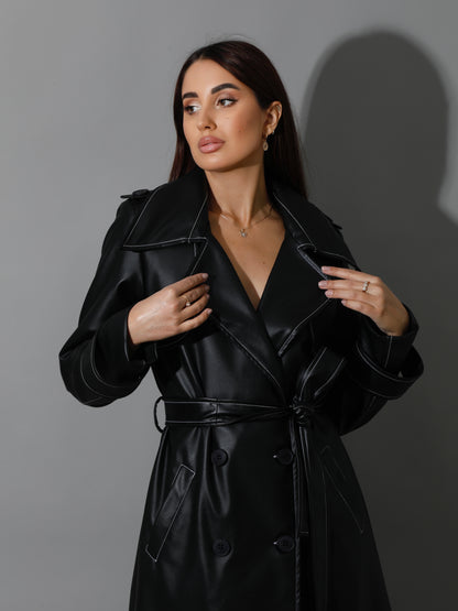 Leather Trench Coat With White Stitch - Black