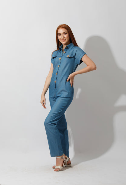 Buttons Jeans Jumpsuit - Blue