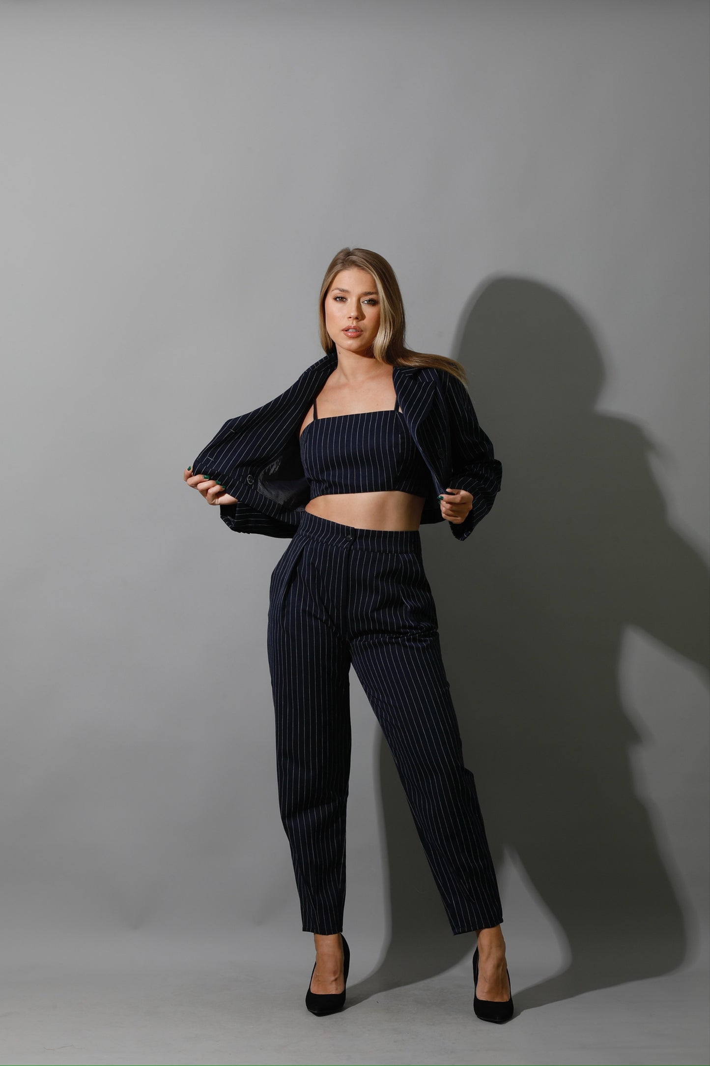 Striped Cropped Blazer, Bra Top & Paper-bag Pants Co-Ord - Navy