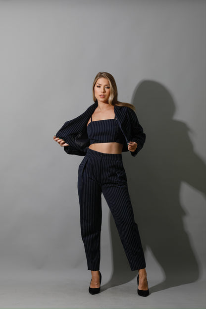 Striped Cropped Blazer, Bra Top & Paper-bag Pants Co-Ord - Navy