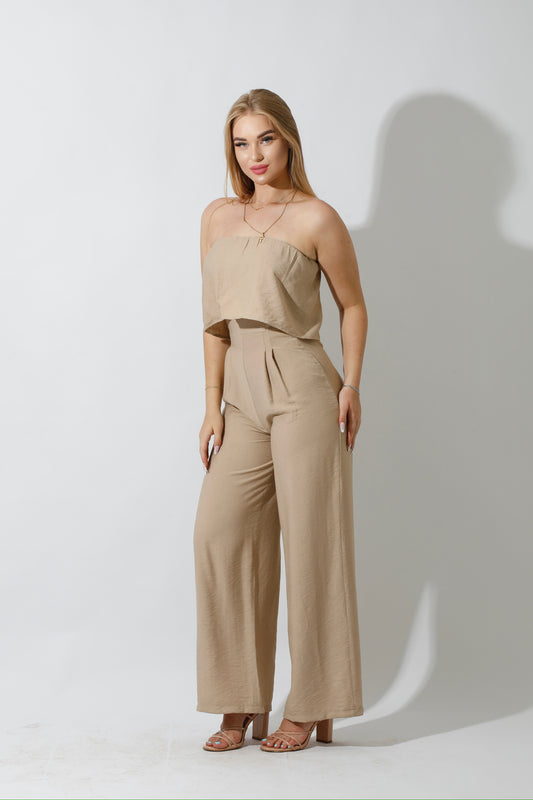Wide Leg Jumpsuit - Beige
