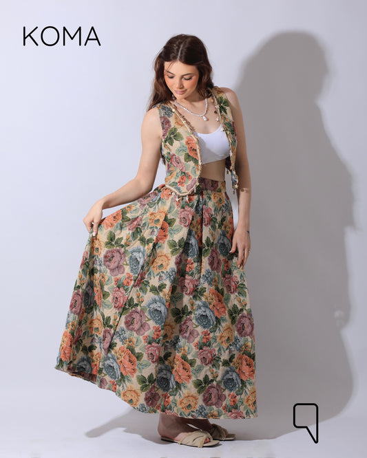 Rakhi Retro Jacquard Lace Sleeveless Set- Multicolored