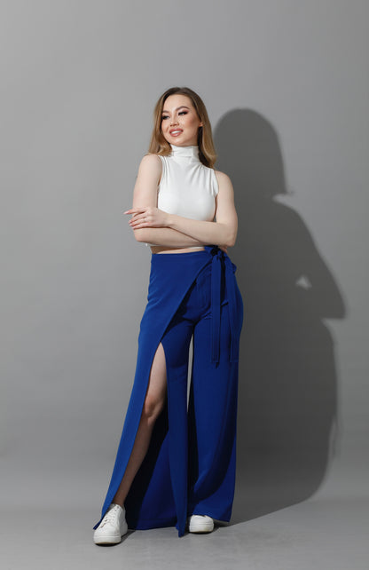 Wrap Pants With Front Slit - Electric Blue