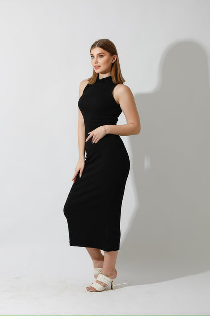Slinky High Neck Midi Sleeveless Dress - Black