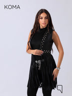 Nicci Leather Fringed Vest - Black