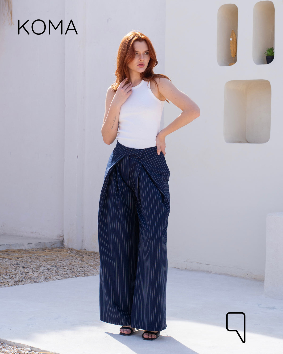 Stripped Double Pleated Trousers - Navy