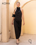 Violet Satin Halter Top & Midi Skirt Co-Ord - Black