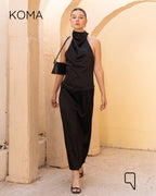 Violet Satin Halter Top & Midi Skirt Co-Ord - Black
