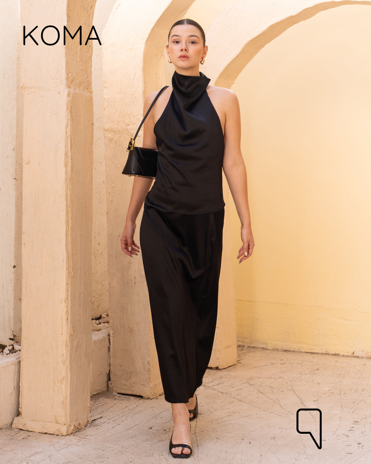 Violet Satin Halter Top & Midi Skirt Co-Ord - Black