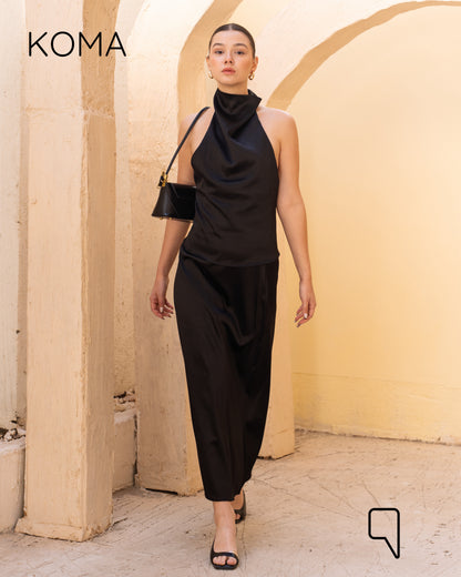 Violet Satin Midi Skirt - Black