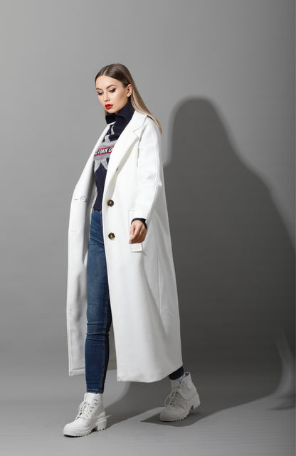 Darcy Long Double Breasted Coat - White