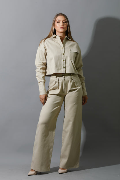 Co-ord Pleated Wide Leg Pants - Beige