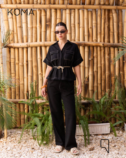 Leilani Stitched Shirt & Straight Trousers Set - Black