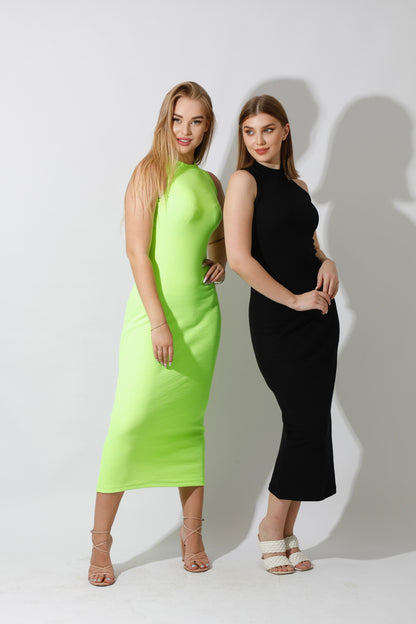 Slinky High Neck Midi Sleeveless Dress - Black
