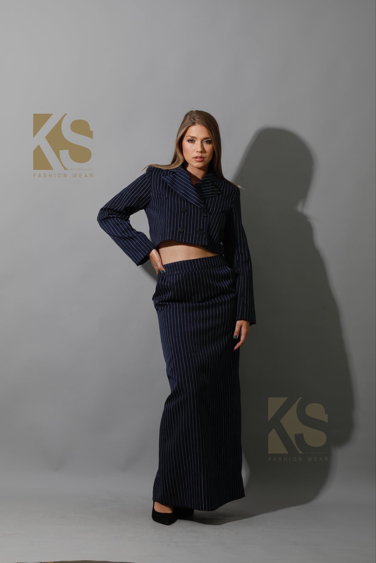 Striped Cropped Blazer, Bra Top & Maxi Skirt Co-Ord - Navy