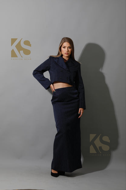 Striped Cropped Blazer, Bra Top & Maxi Skirt Co-Ord - Navy