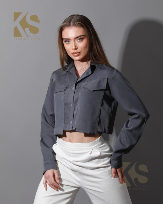Pockets Cropped Shirt - Gray