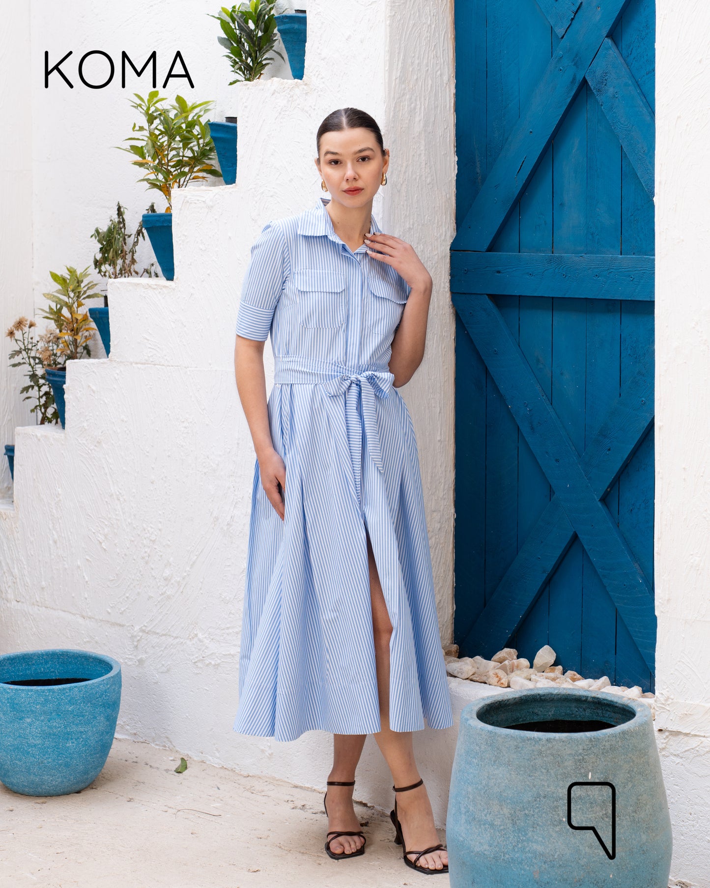 Sidney Striped Midi Shirt Dress - Baby Blue