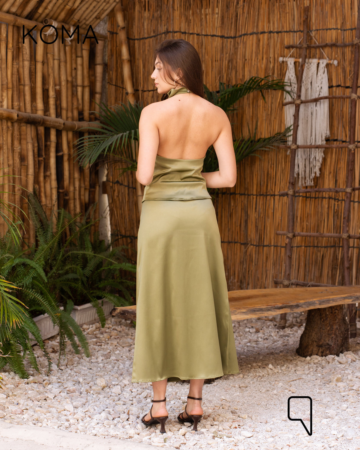 Violet Satin Halter Top & Midi Skirt Co-Ord - Olive