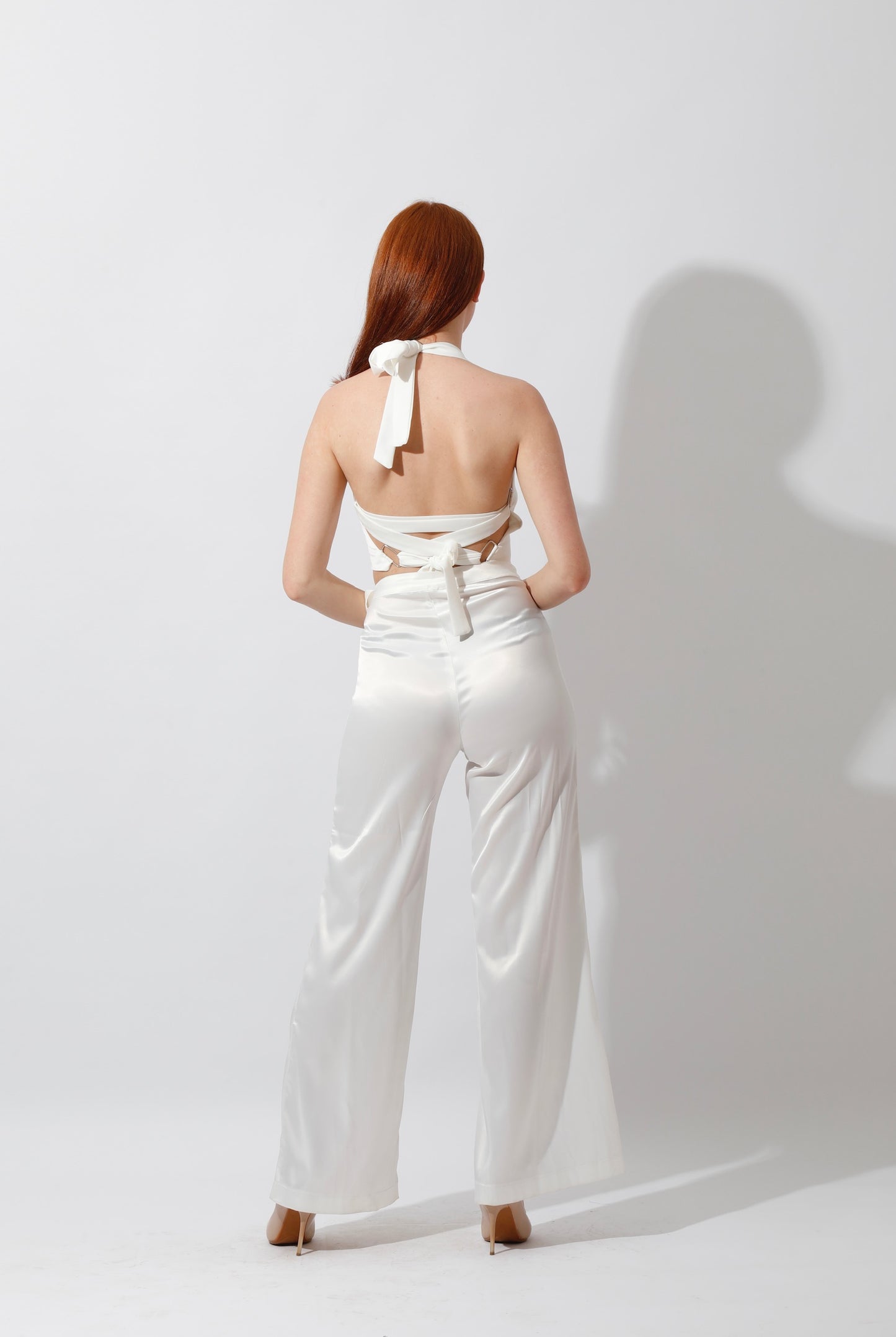 Satin Wrap Pants With Front Slit - White