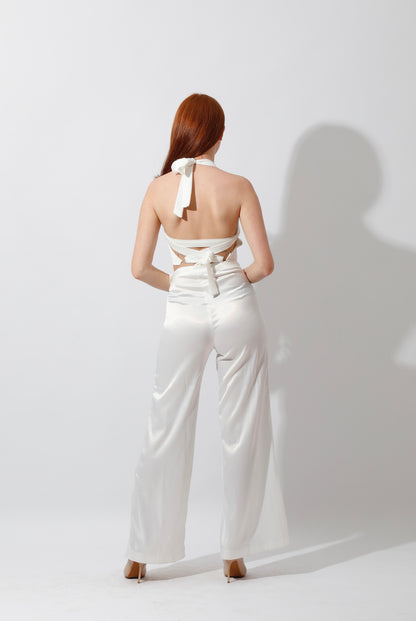 Satin Wrap Pants With Front Slit - White