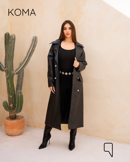 Textured Leather Coat - Black