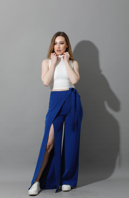 Wrap Pants With Front Slit - Electric Blue