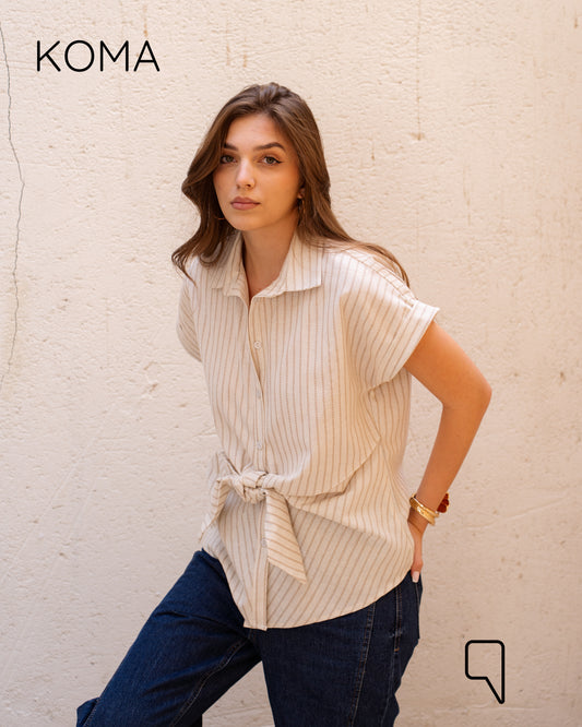 Hallie Striped Knotted Blend Shirt - Beige