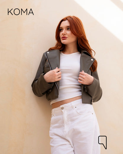 Leather Biker Jacket - Olive