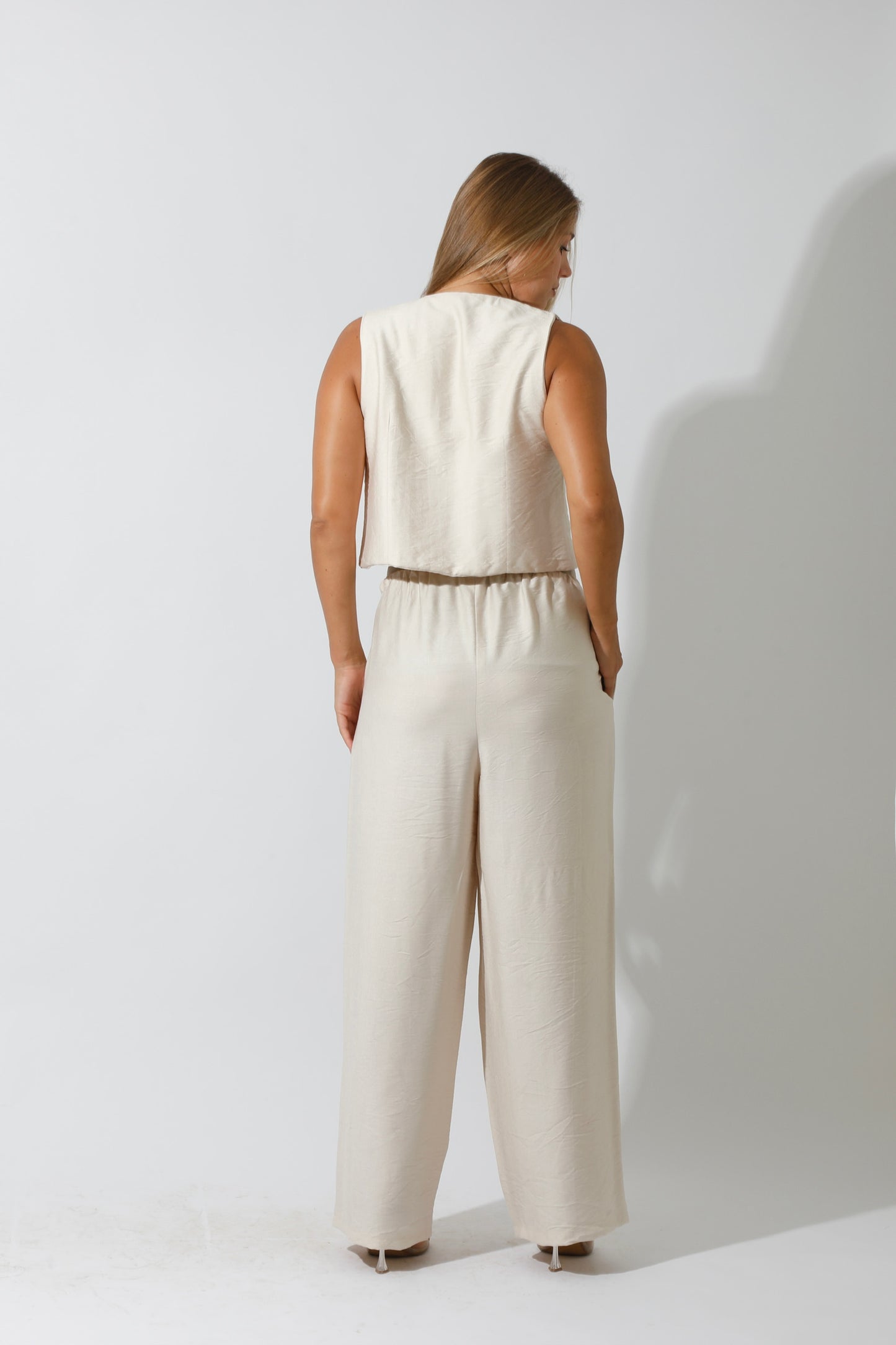 Vest & Lose Tied Pants Set - Beige