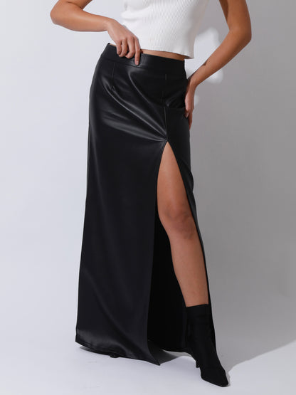 Leather Front Slit Skirt - Black